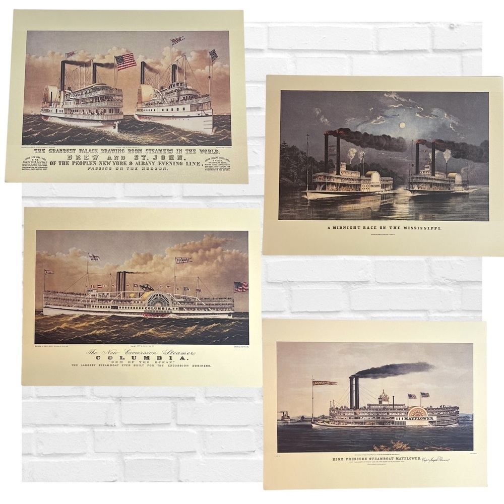 Vintage Currier & Ives Steamboat Lithograph Art Print Set Mississippi Steamboats